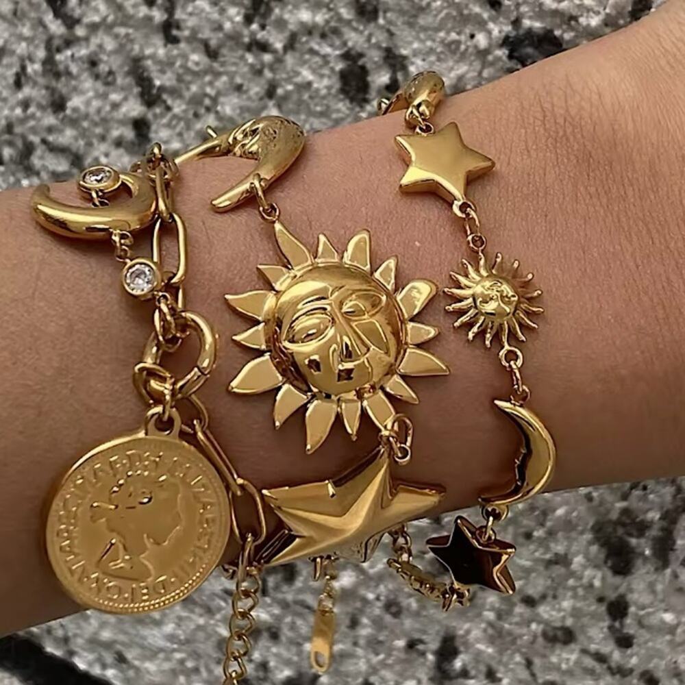 Gold Moon Star Sun Three  Piece Chain Bracelet Set